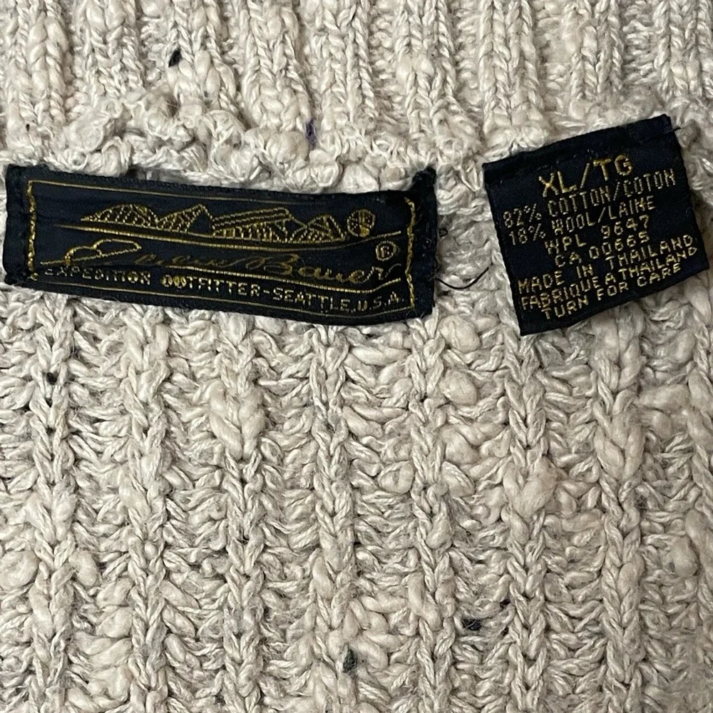 Eddie Bauer Mens XL Beige Chunky Cable Knit Wool Cardigan Sweater Grandpa Cosby‎